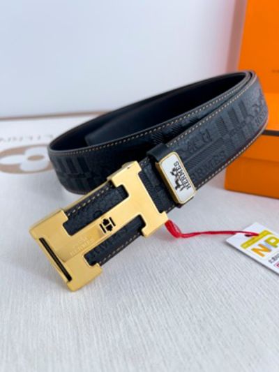 1:1  Hermes  Black Leather Belt  with Gold "H" buckle Steel Buckle 3.8cm